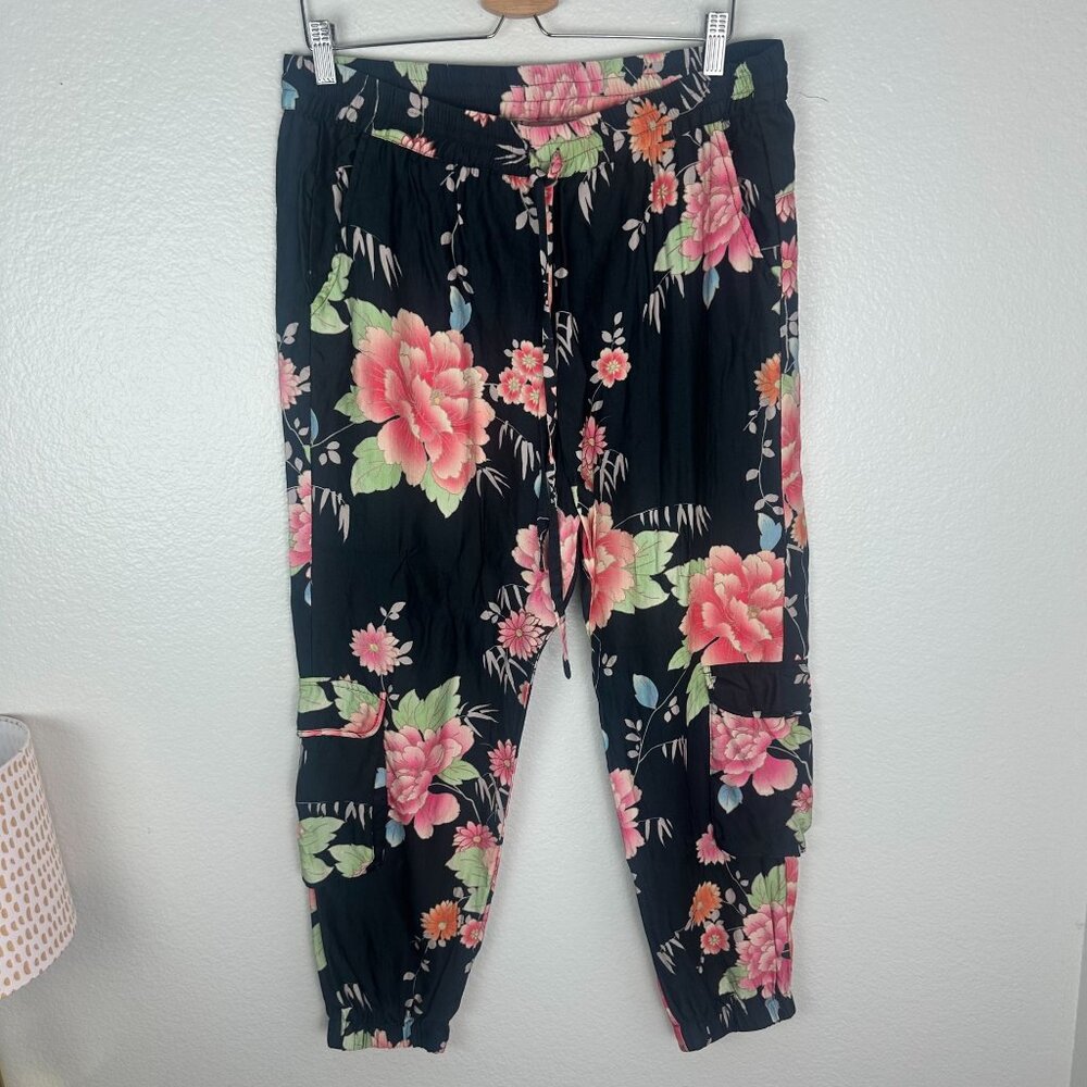 Johnny Was Biya Gila Black Floral Linen Blend Cargo Joggers L Boho Artsy Casual